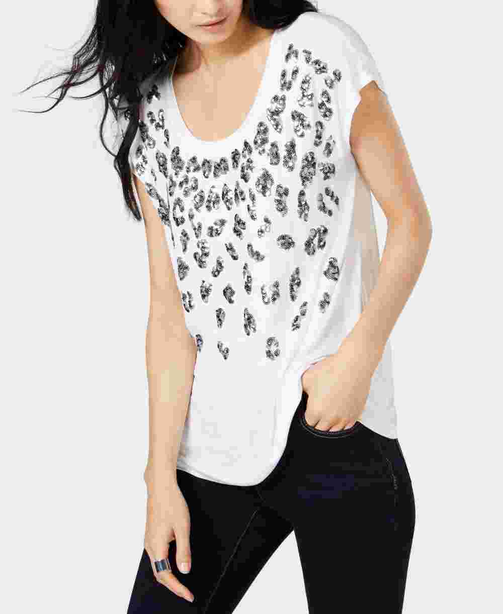 INC International Concepts Women's Sequined Leopard T-Shirt White Size Small