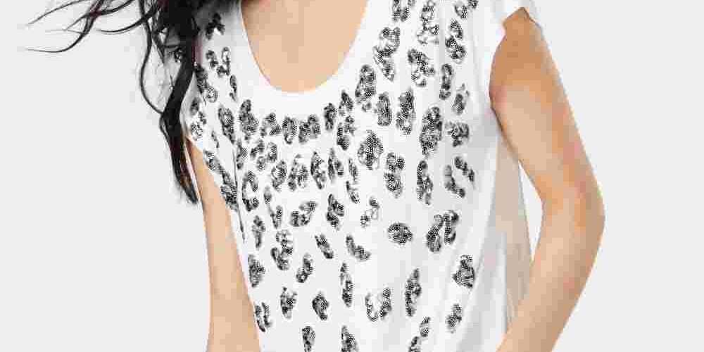 INC International Concepts Women's Sequined Leopard T-Shirt White Size Small