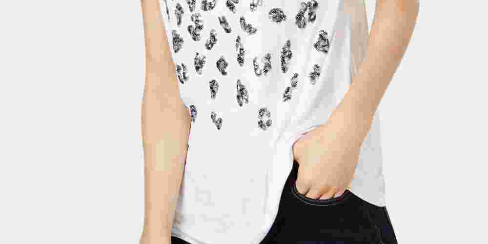 INC International Concepts Women's Sequined Leopard T-Shirt White Size Small