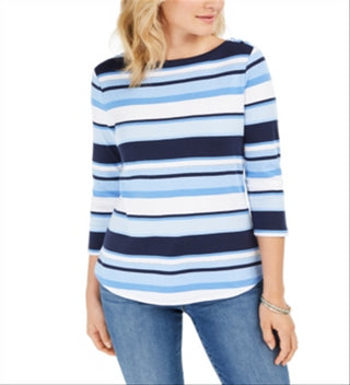 Charter Club Pima Cotton Button-Shoulder Stripe Top Blue Size XS