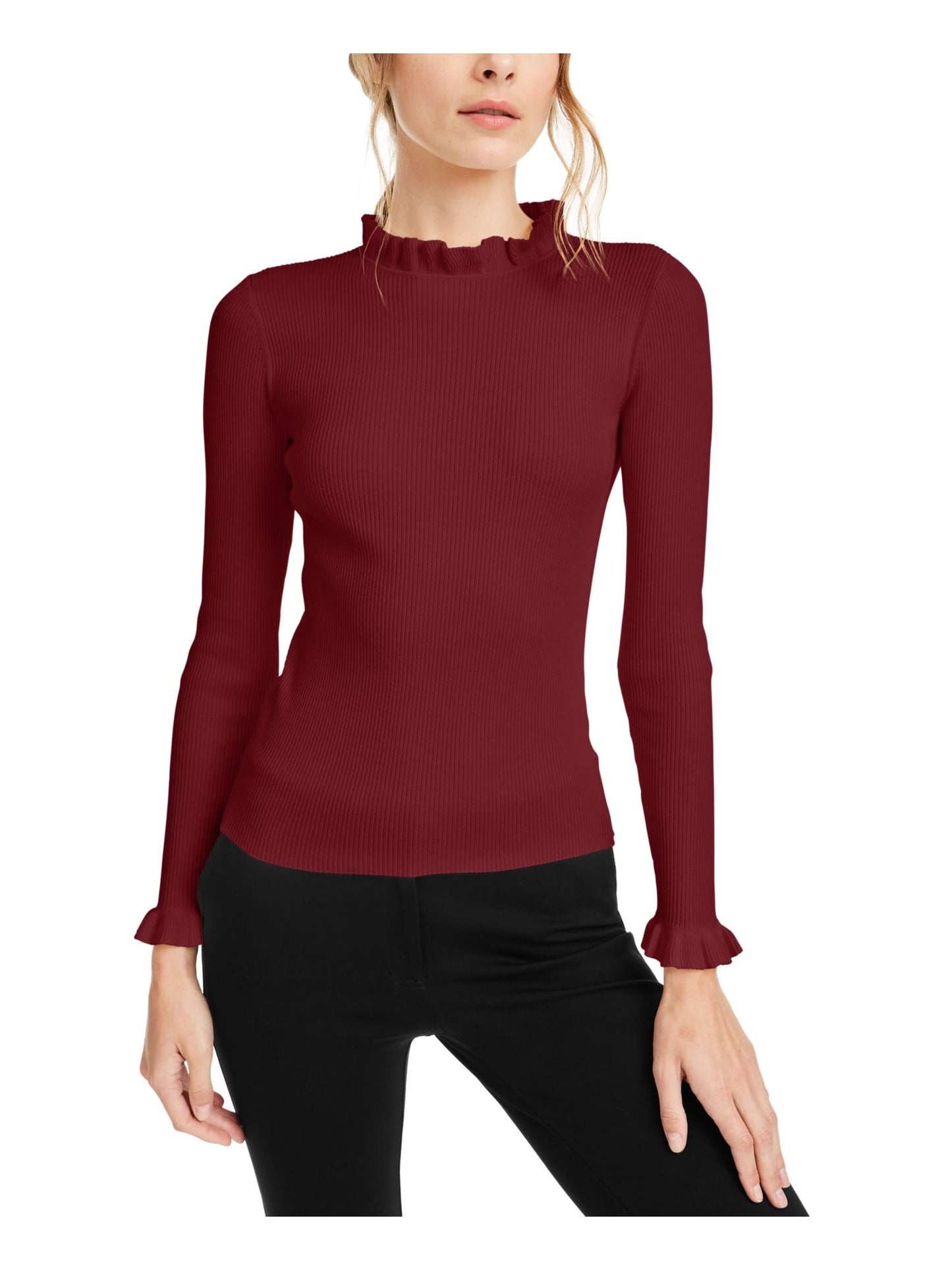 Anne Klein Women's Maroon Ruffled Long Sleeve Mock Sweater Wine Size XX-Small
