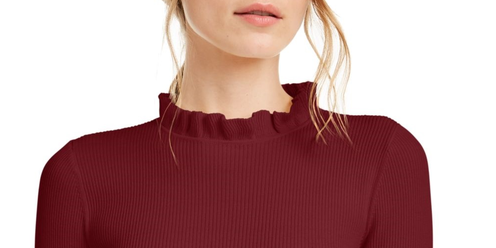 Anne Klein Women's Maroon Ruffled Long Sleeve Mock Sweater Wine Size XX-Small