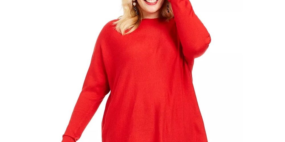 INC International Concepts Women's Plus Long-Sleeve High-Low Sweater Red Size 0X