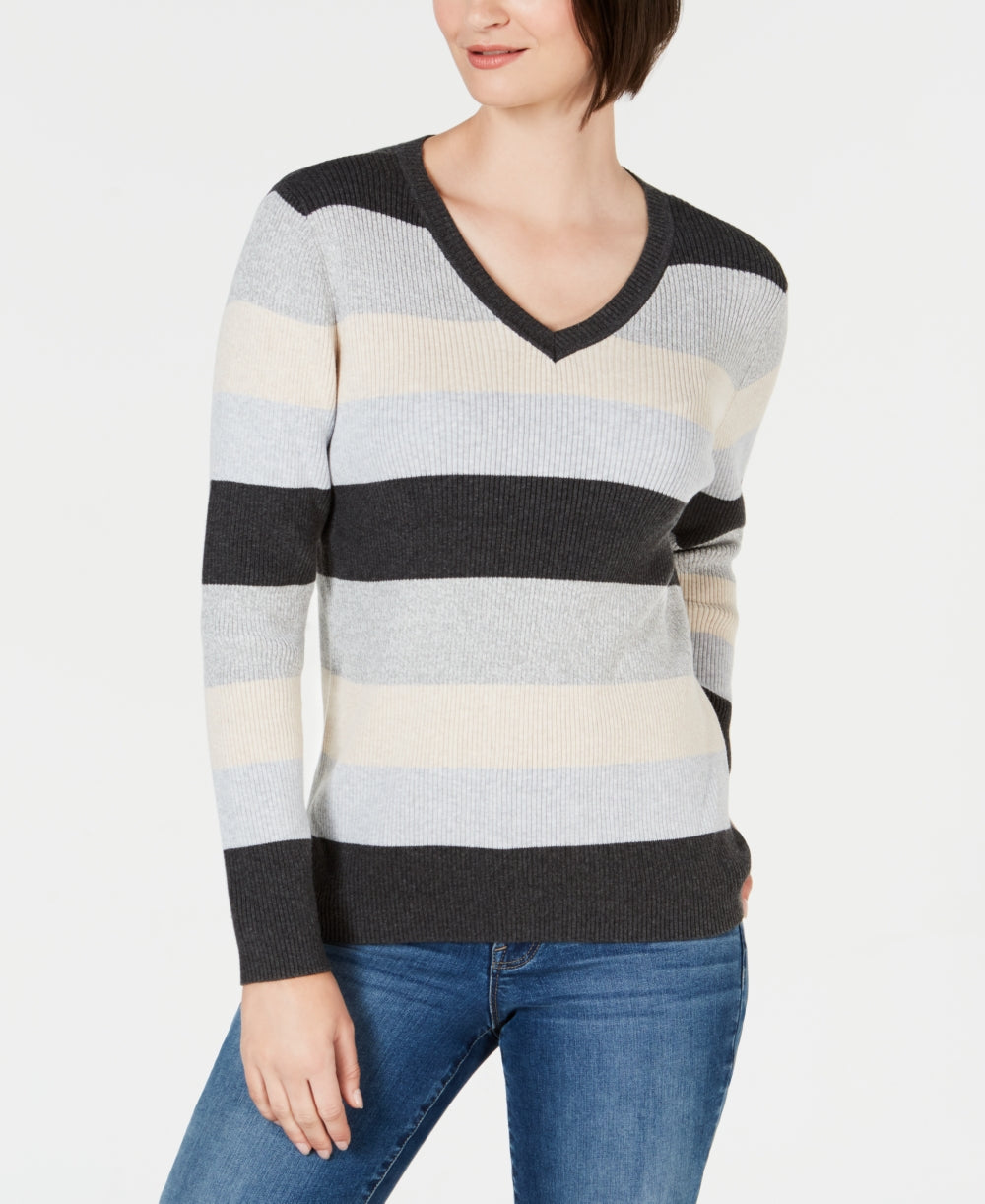 Karen Scott Women's Colorblocked V-Neck Cotton Sweater Grey Size XX-Large