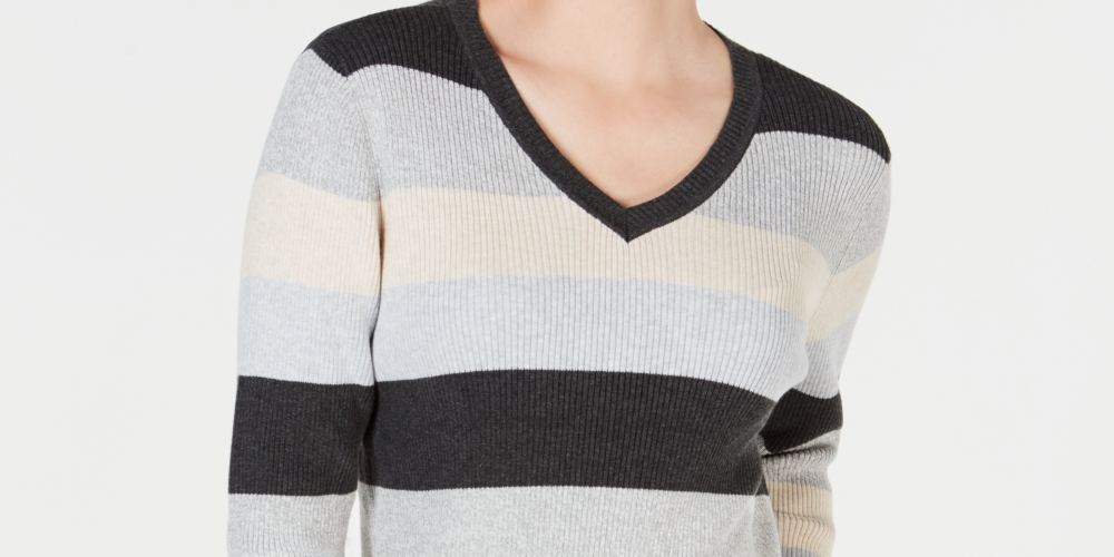 Karen Scott Women's Colorblocked V-Neck Cotton Sweater Grey Size XX-Large