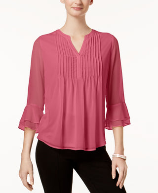 Charter Club Women's Petite Double Ruffle Solid Pintuck Top Pink Size Medium