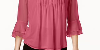 Charter Club Women's Petite Double Ruffle Solid Pintuck Top Pink Size Medium