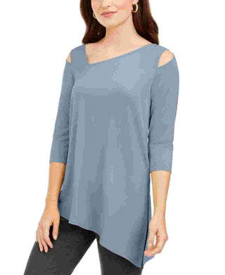 Alfani Women's Cold-Shoulder Asymmetrical Top Blue Size Large