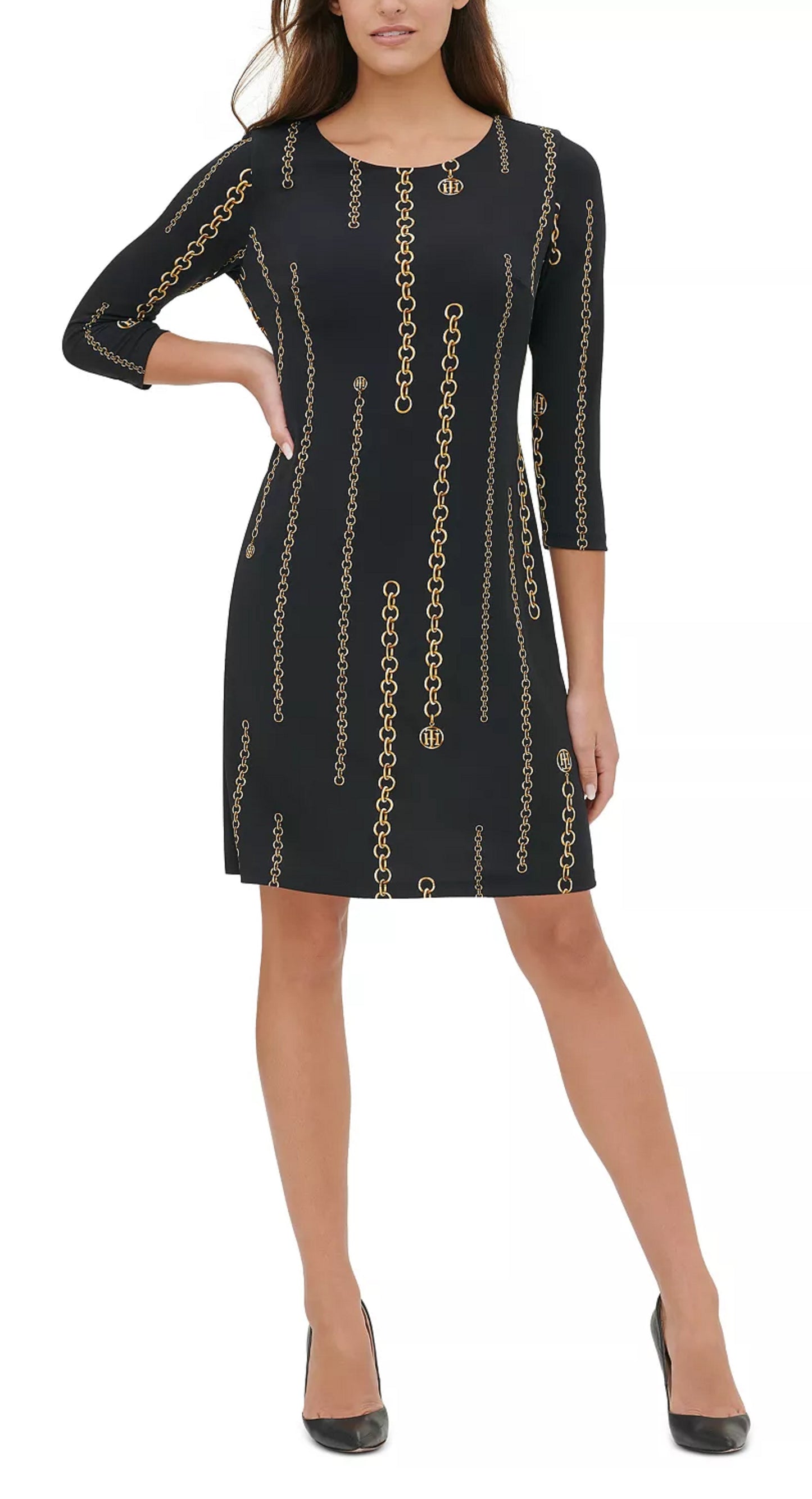 Tommy Hilfiger Women's Chain Print A Line Dress Black Size 6 Petite