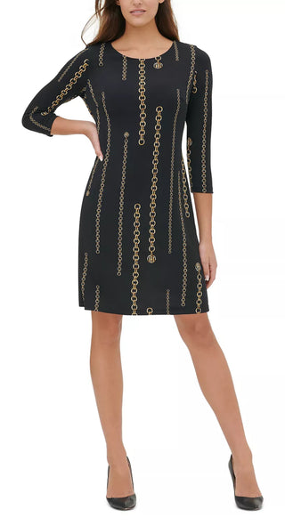 Tommy Hilfiger Women's Chain Print A Line Dress Black Size 6 Petite