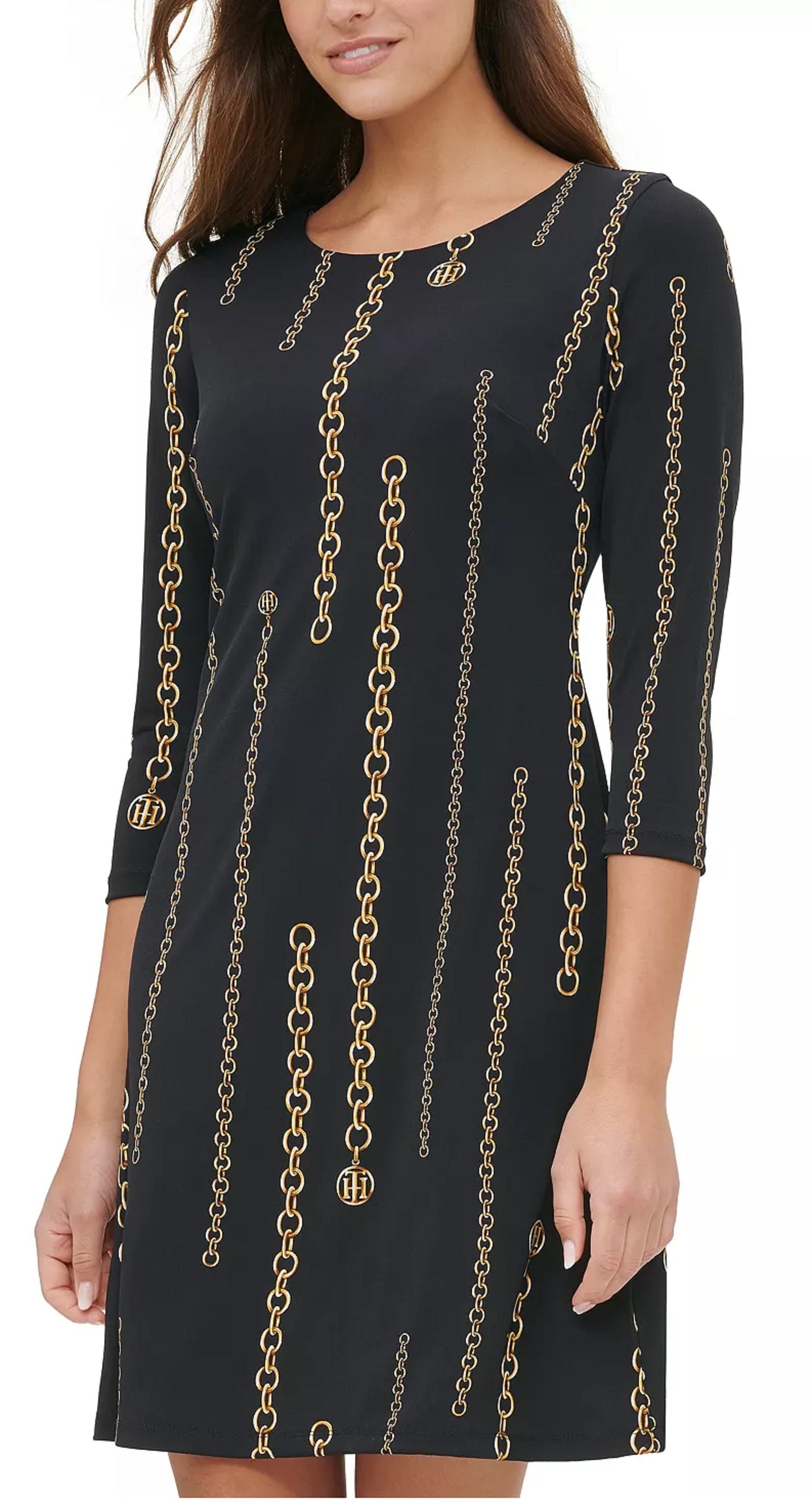 Tommy Hilfiger Women's Chain Print A Line Dress Black Size 6 Petite