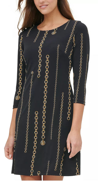 Tommy Hilfiger Women's Chain Print A Line Dress Black Size 6 Petite