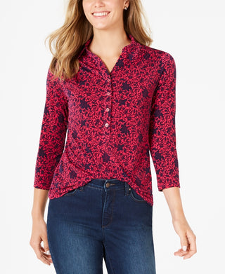 Charter Club Women's 3/4 Sleeve Printed Polo Top Pink Size Large