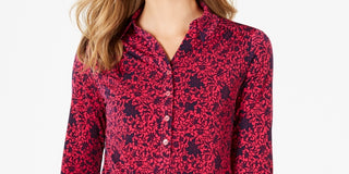 Charter Club Women's 3/4 Sleeve Printed Polo Top Pink Size Large