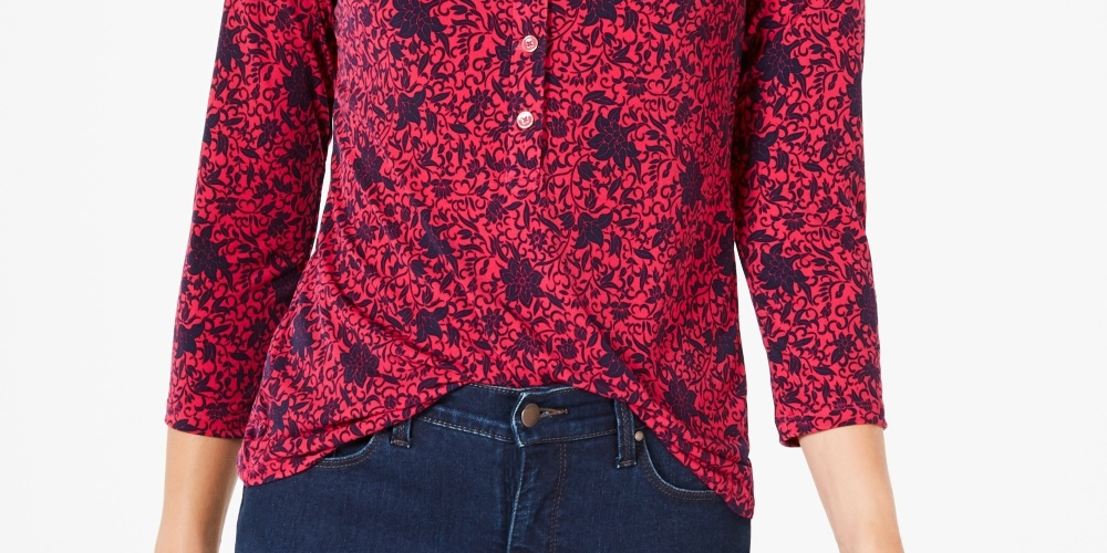 Charter Club Women's 3/4 Sleeve Printed Polo Top Pink Size Large