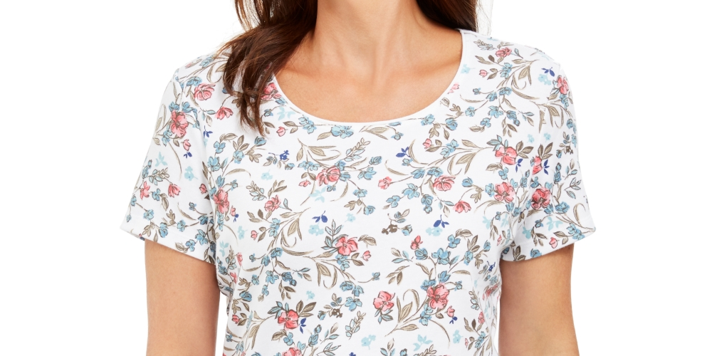 Karen Scott Women's Floral-Print T-Shirt White Size Small