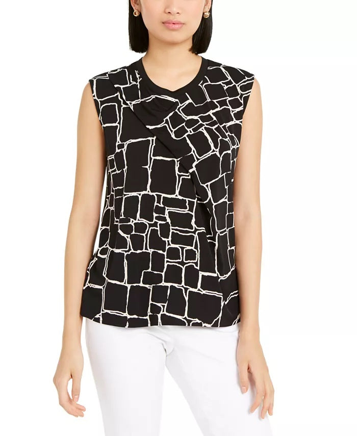 Alfani Women's Printed Pleat-Front Sleeveless Top Black Size Large