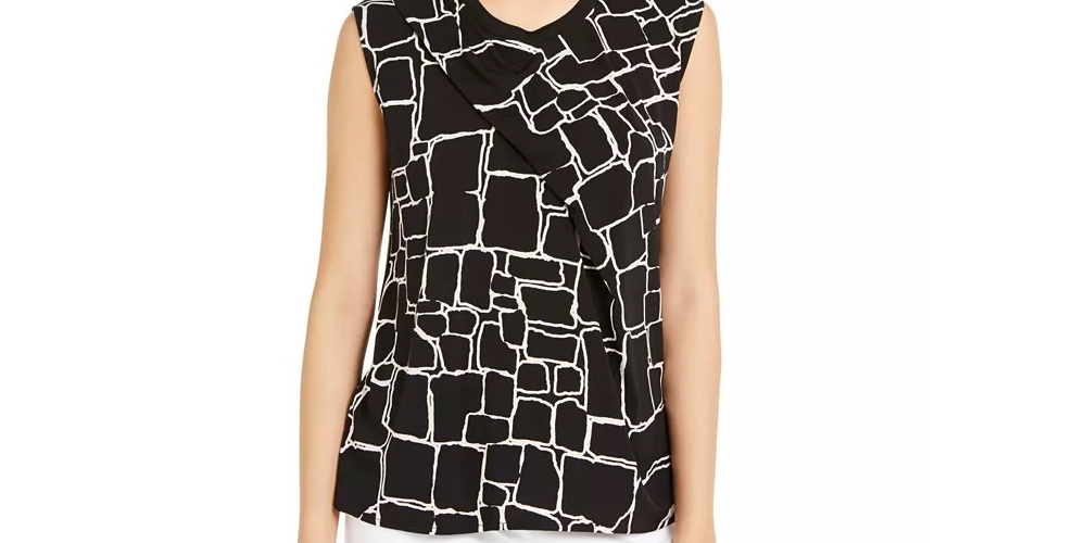 Alfani Women's Printed Pleat-Front Sleeveless Top Black Size Large
