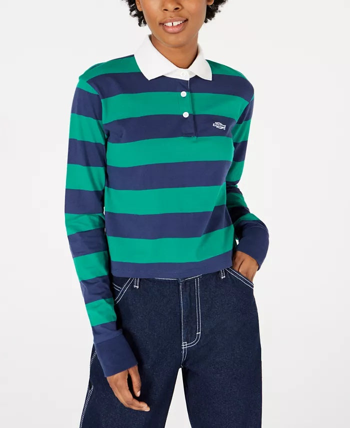 Dickies Women's Stripe Crop Rugby Shirt Green Size Small