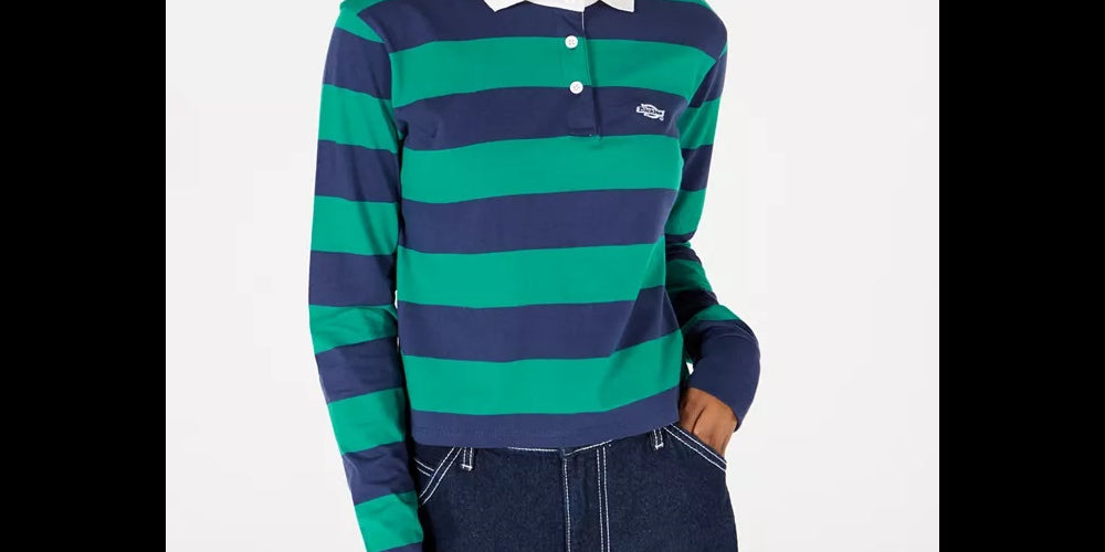 Dickies Women's Stripe Crop Rugby Shirt Green Size Small