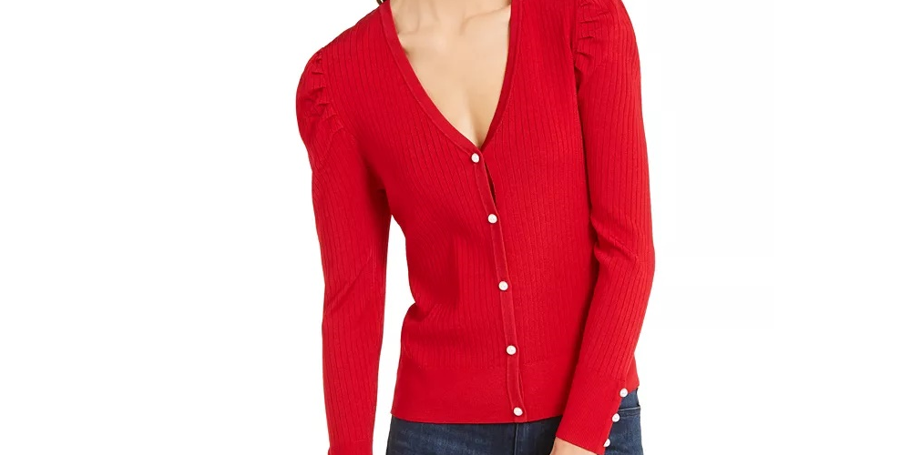 INC International Concepts Women's Ribbed Long Sleeve Open Cardigan Button Up Sweater Red Size X-Large