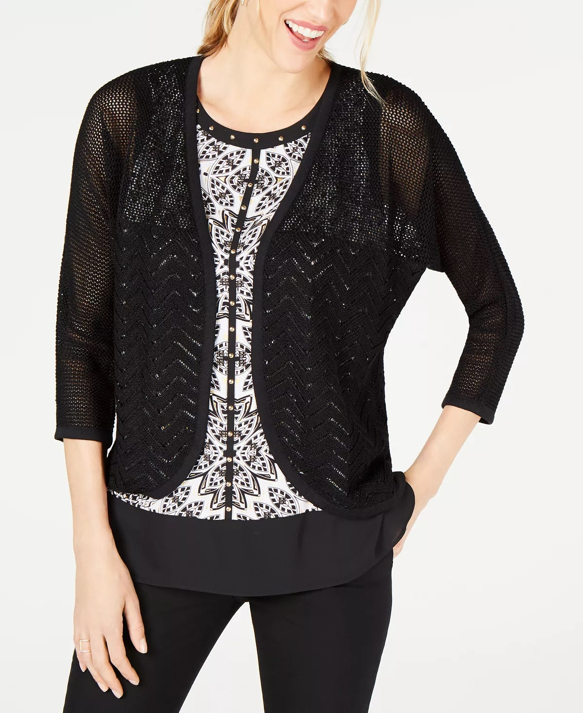 JM Collection Women's Black 3/4 Sleeve Open Cardigan Sweater Black Size -PS