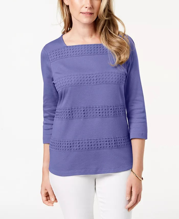 Karen Scott Women's Lace 3/4 Sleeve Square Neck Top Purple Size X-Small