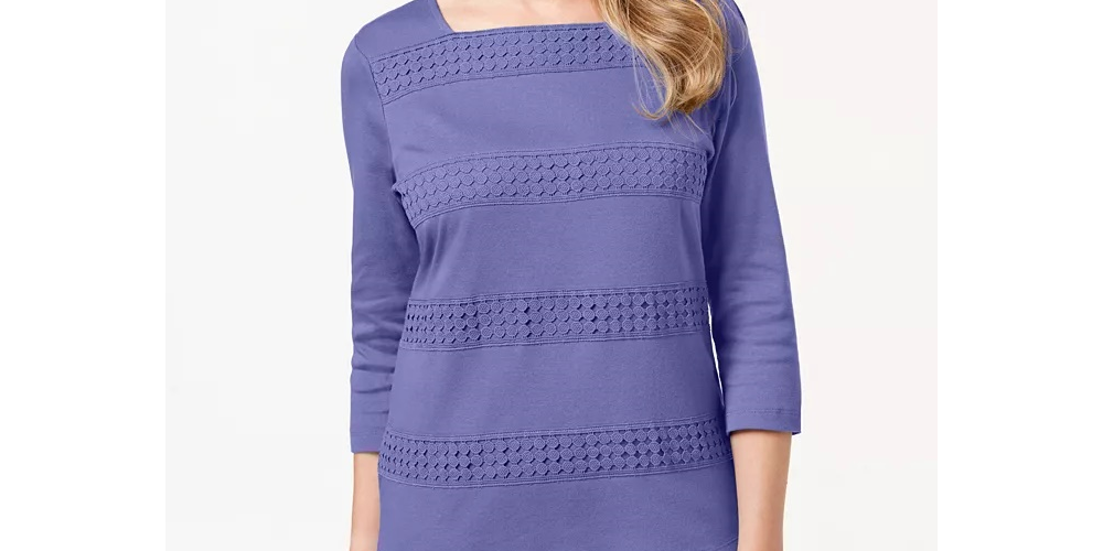 Karen Scott Women's Lace 3/4 Sleeve Square Neck Top Purple Size X-Small