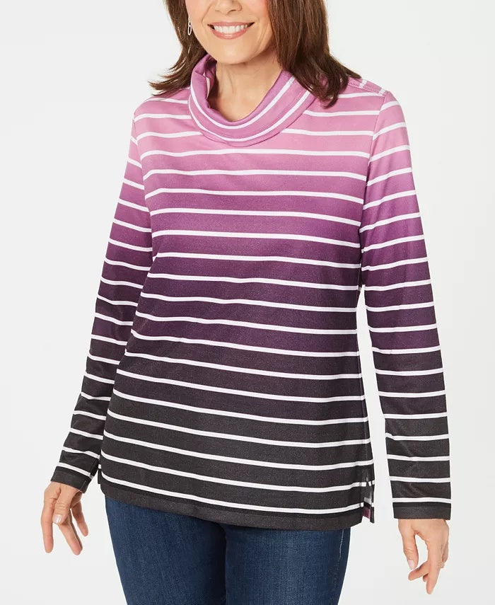 Karen Scott Women's Sport Ombre Striped Cowlneck Top Autumn Berry  Size X-Small