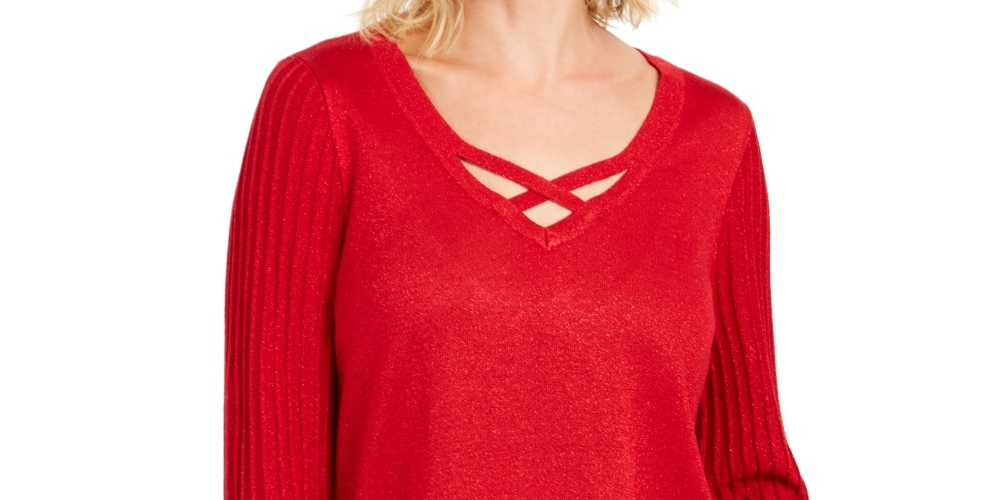 JM Collection Women's Lurex Lattice-Neck Blouse Red Size X-Small