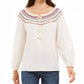 Style & Co Women's Petite Embroidered Smocked-Neck Cotton Top White Size PP