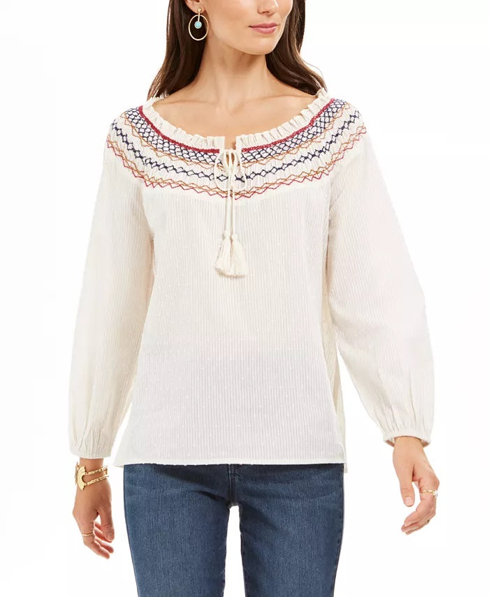 Style & Co Women's Petite Embroidered Smocked-Neck Cotton Top White Size PP