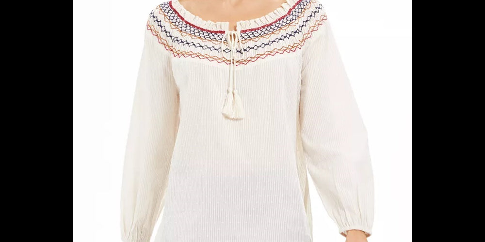 Style & Co Women's Petite Embroidered Smocked-Neck Cotton Top White Size PP