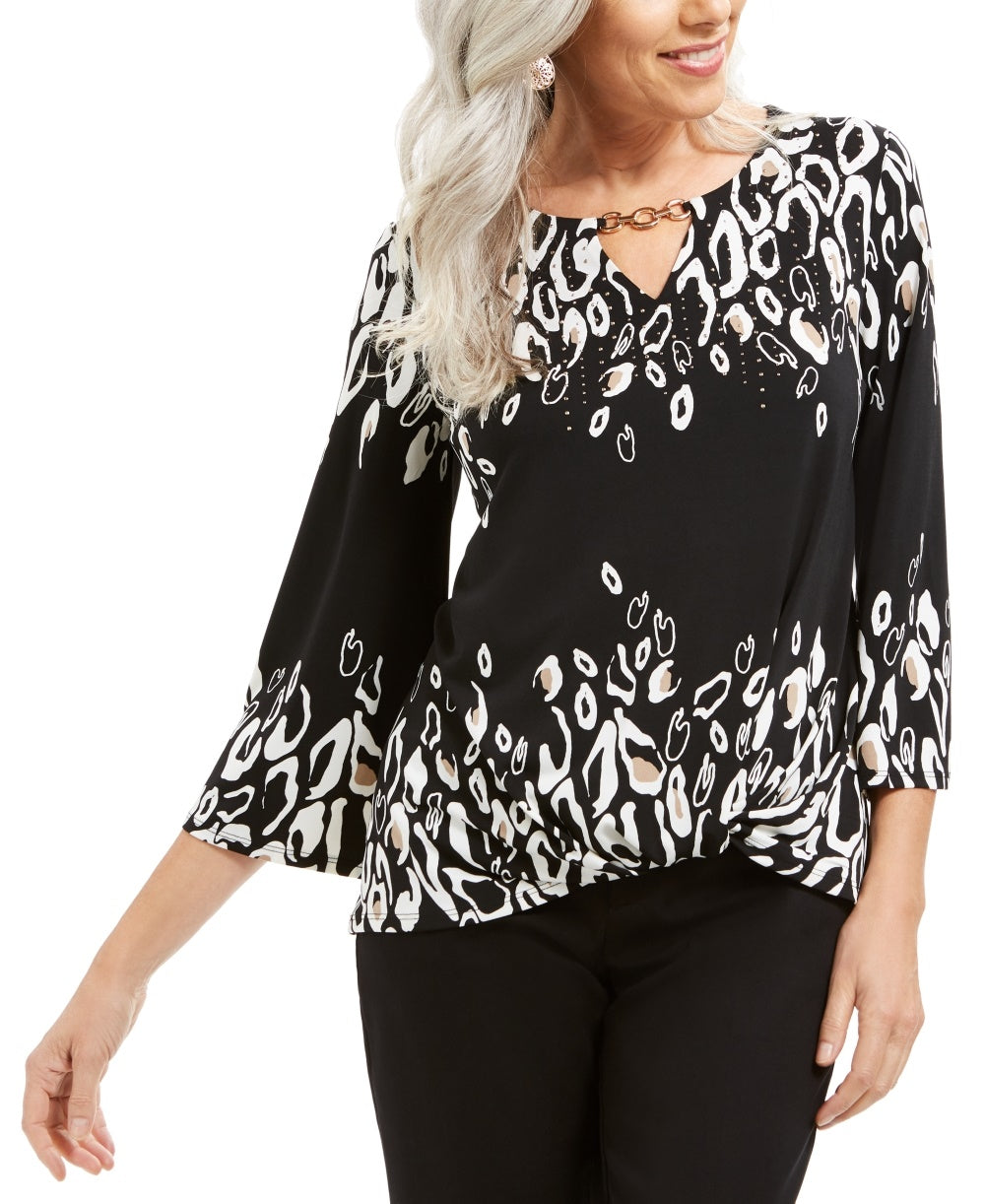 JM Collection Women's Petite Printed Keyhole Tunic Black Size PL