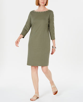 Karen Scott Women's Petite Boat-Neck Studded Dress Green Size PS