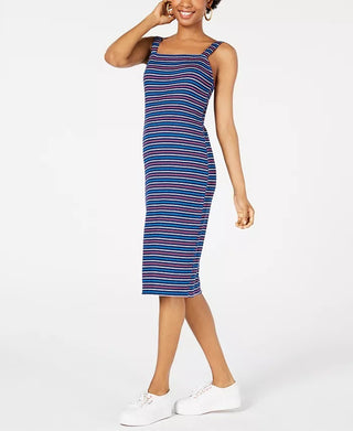 Ultra Flirt Womens Striped Spaghetti Strap Square Neck Midi Body Con Dress Black/Blue Size Medium