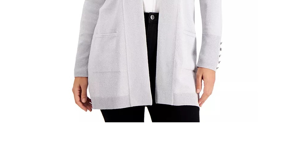 JM Collection Women's Petite Button Sleeve Flyaway Cardigan Gray Size Petite Small