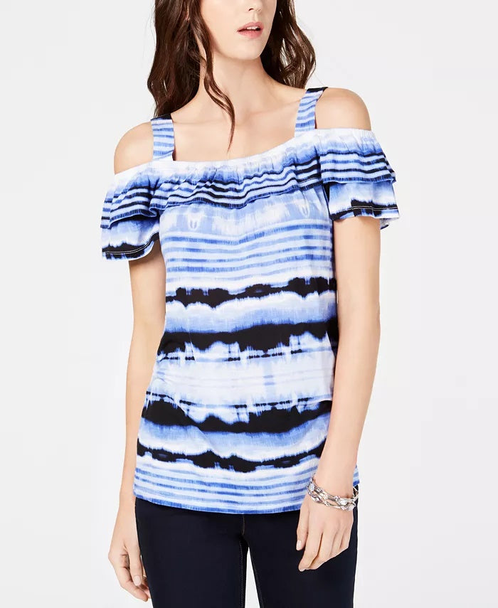 INC International Concepts Women's Petite Tie-Dyed Cold-Shoulder Top Blue Size -PXL