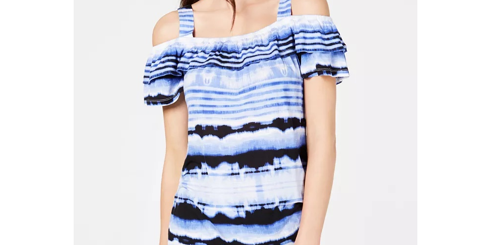 INC International Concepts Women's Petite Tie-Dyed Cold-Shoulder Top Blue Size -PXL