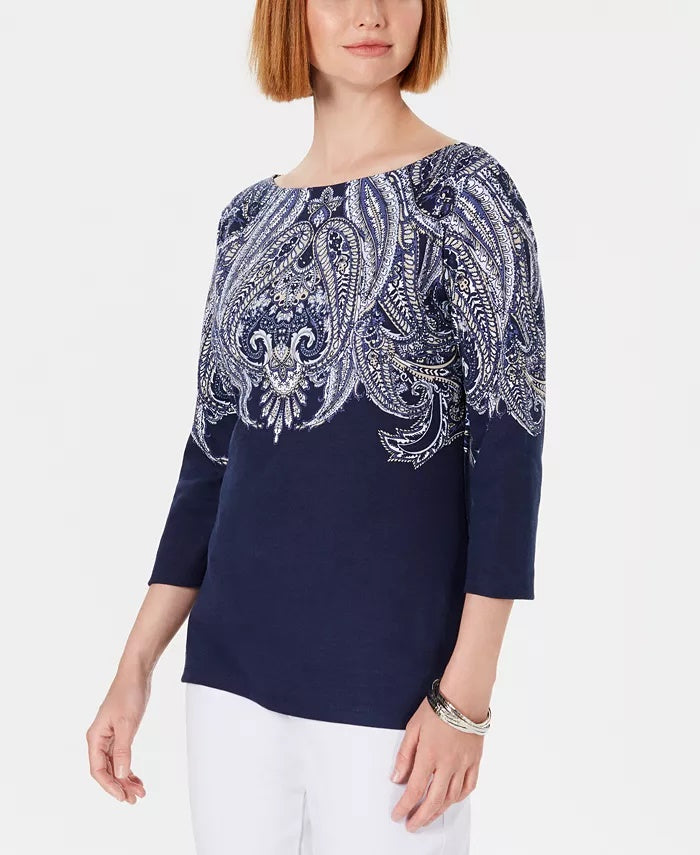 Karen Scott Women's Petite Paisley Boat-Neck Top Purple Size PS/M