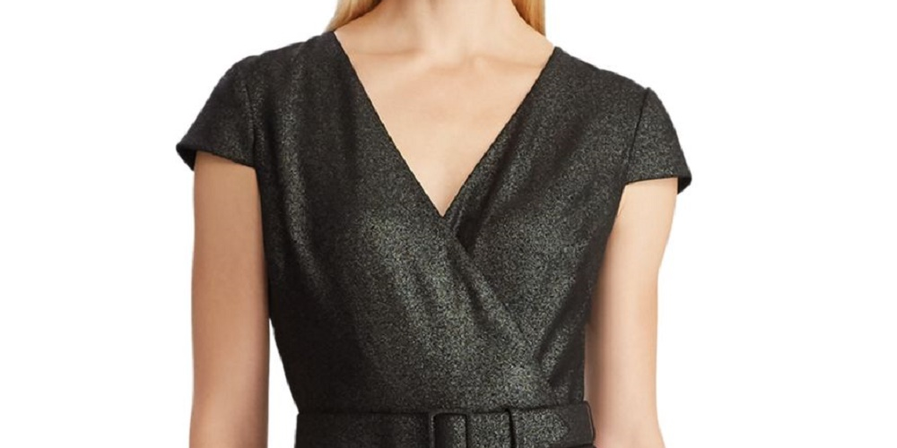 Ralph Lauren Women's Black Belted Glitter Wrap Short Sleeve V Neck T-Shirt Straight Leg Wear To Work Jumpsuit Black Size 12