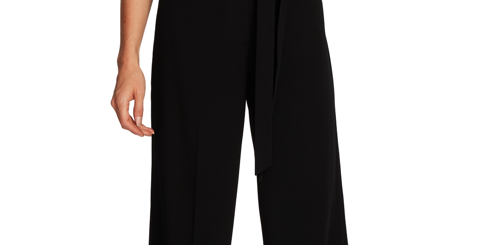 Vince Camuto Women's Belted Wide Leg Textured Twill Pants Black Gray Size 8