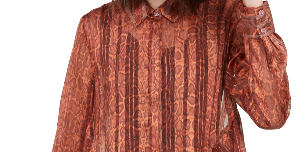 INC International Concepts Women's Ruffled Snake-Embossed Top Orange Size Medium