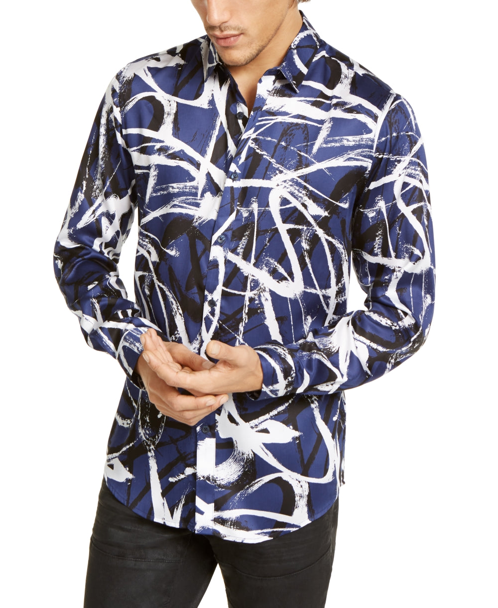 INC International Concepts Men's Big & Tall Abstract Scribble-Print Shirt Blue Size 3XLT