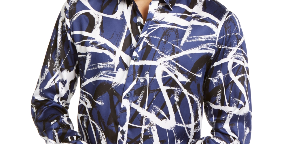 INC International Concepts Men's Big & Tall Abstract Scribble-Print Shirt Blue Size 3XLT