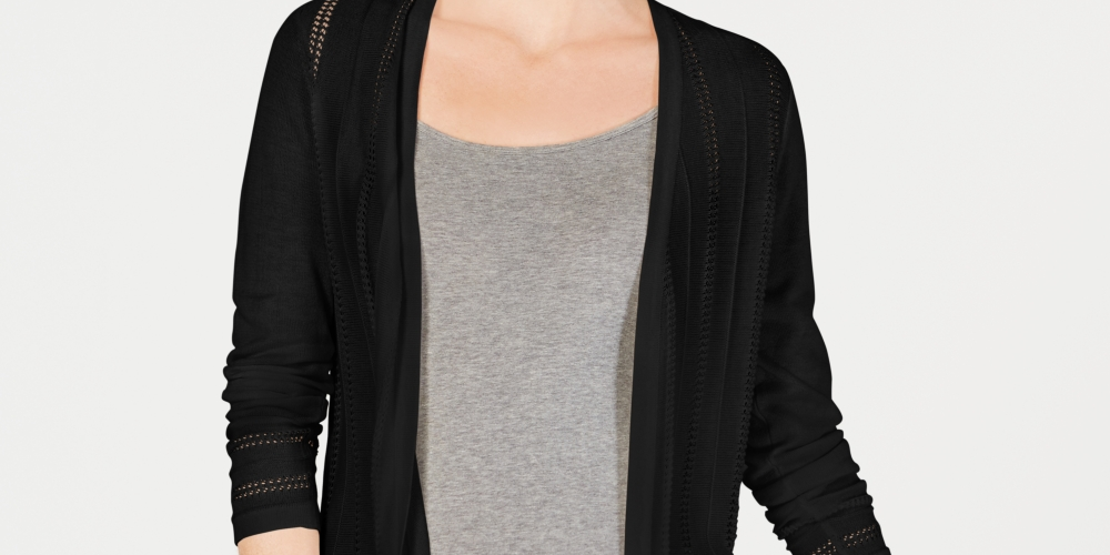 Charter Club Women's Petite Pointelle Duster Cardigan Black Size S