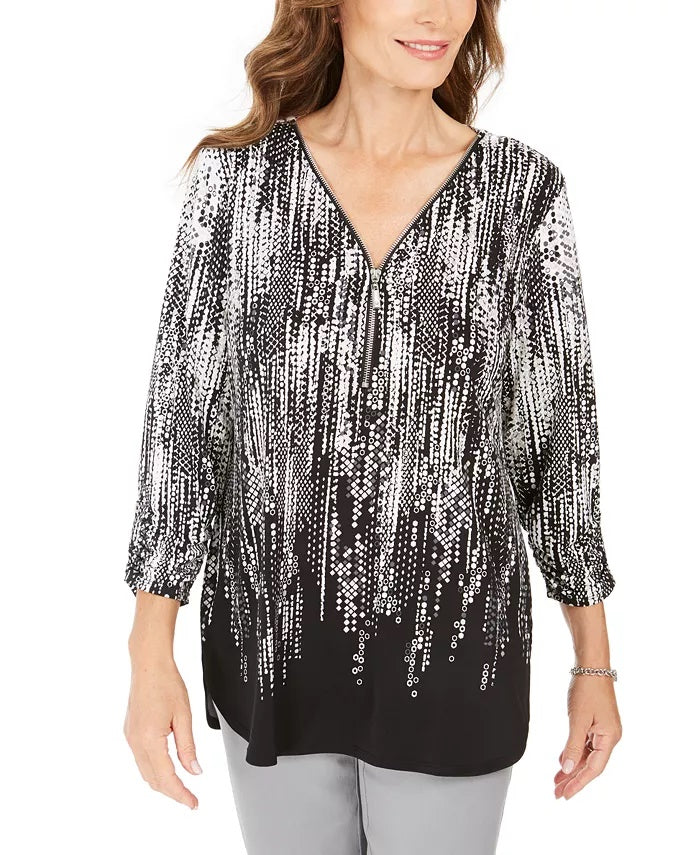 JM Collection Women's Petite Printed Zip-Neck Top Black Size PS/M