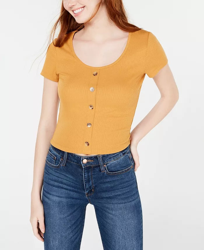Hippie Rose Juniors' Button-Front Rib-Knit T-Shirt Gold Size Medium