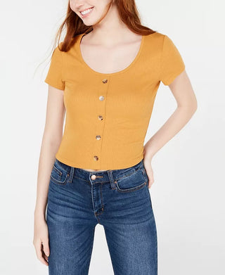 Hippie Rose Juniors' Button-Front Rib-Knit T-Shirt Gold Size Medium