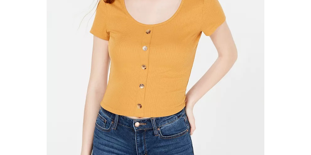 Hippie Rose Juniors' Button-Front Rib-Knit T-Shirt Gold Size Medium